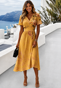 Ilanna | Elegant Blommig Wrap Midi Klänning