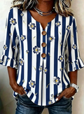 Zara | Randig Blommig Blus med Klockärmar